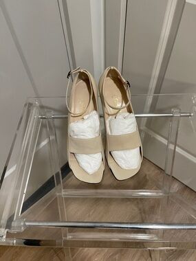 CHANEL Beige Ankle-Strap Wide-Band Sandals